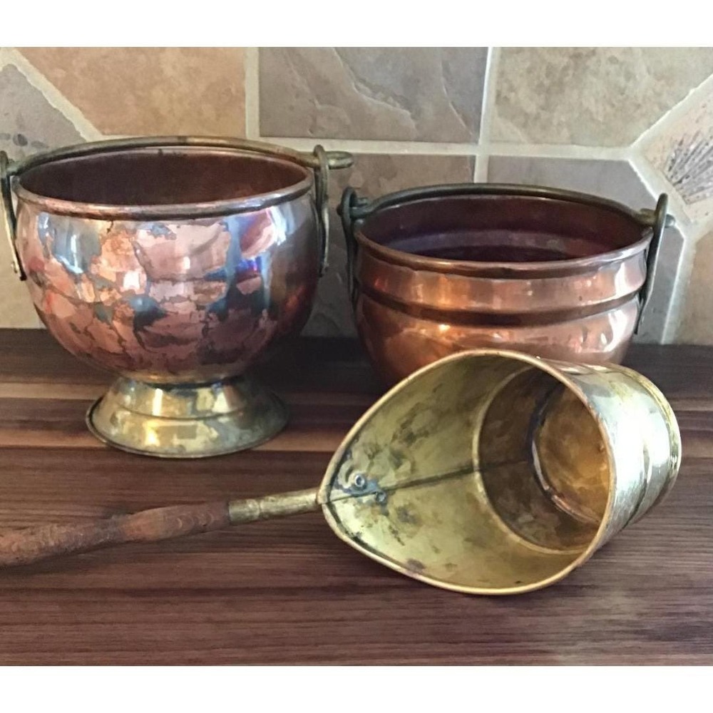 Vintage Holland Copper Brass Miniature Cauldron Pot Set 4.5" Dipper Farmhouse